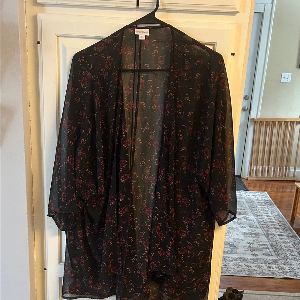 LuLaRoe Black Sheer Kimono with Floral Accents